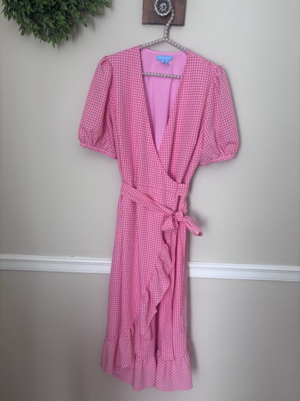 Draper James Womens Size 8 Pink Plaid Wrap Dress Short Sleeve Midi